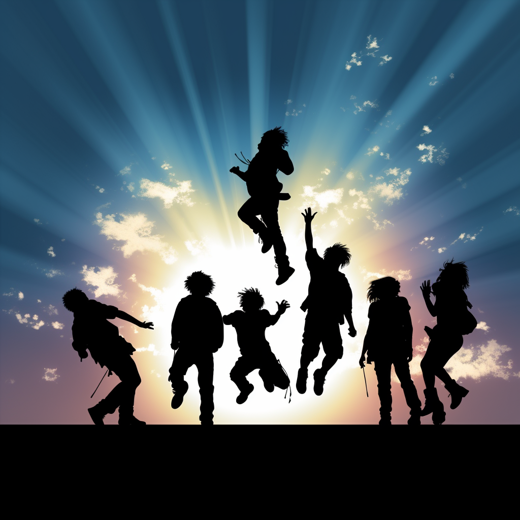 Group of idols jumping in silhouette