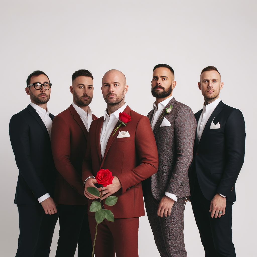 Group of 5 men posing with red roses