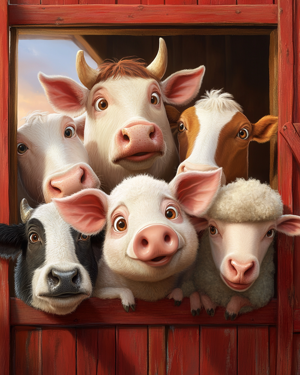 group of cute farm animals looking out from barnyard.