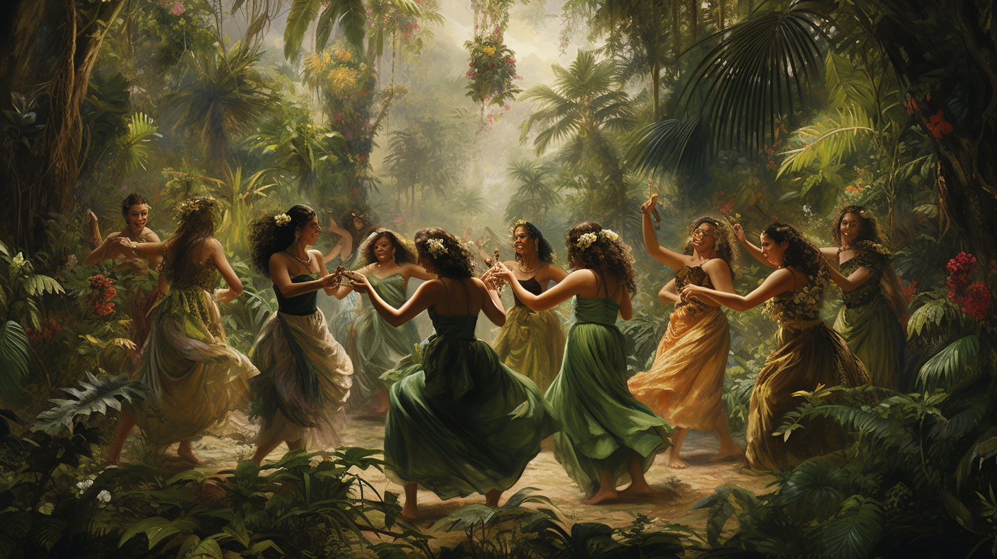 Friends dancing in jungle scenery