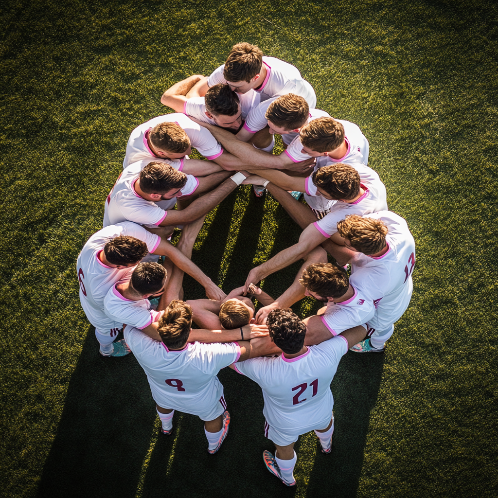 group of male athletes in white and fuchsia shirts