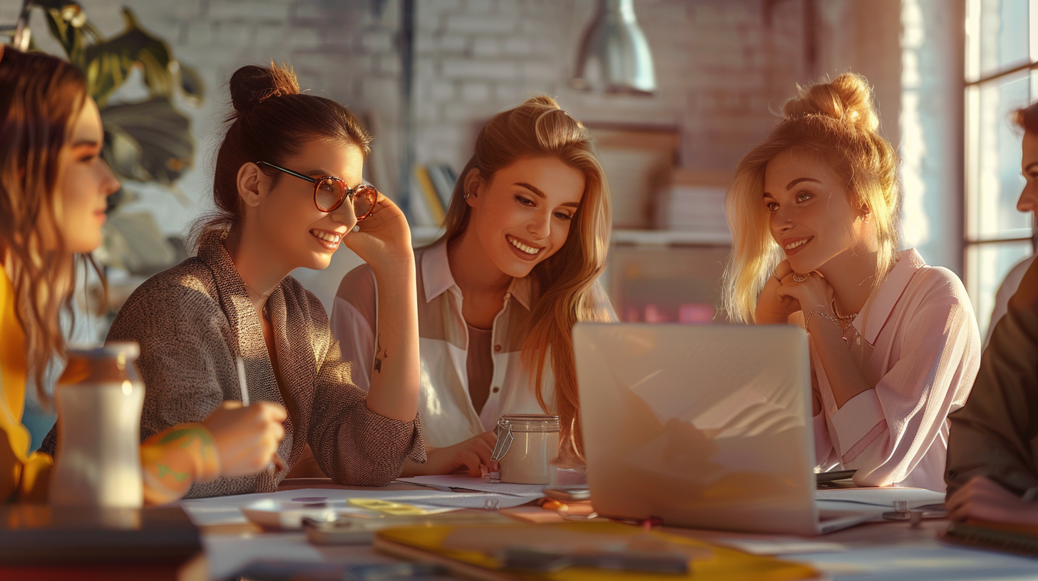 group women happy work photorealistic