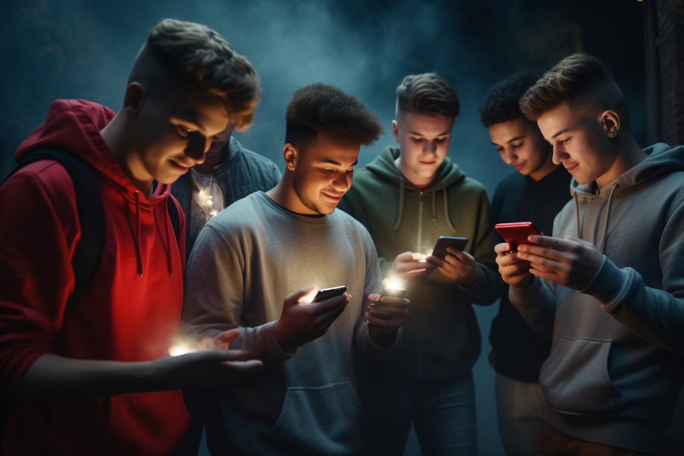 Group of young men using smartphones