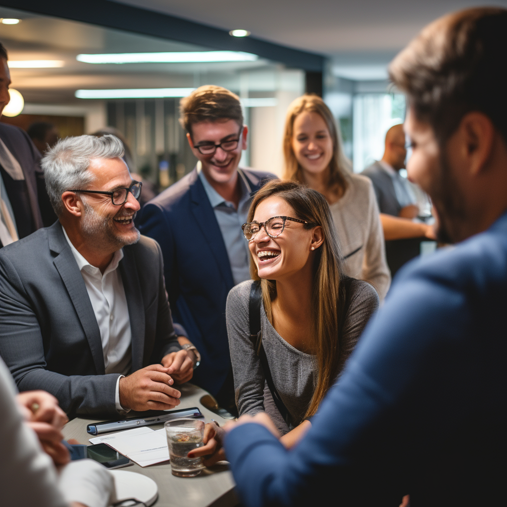 Photorealistic image of a group of people networking in an office meeting