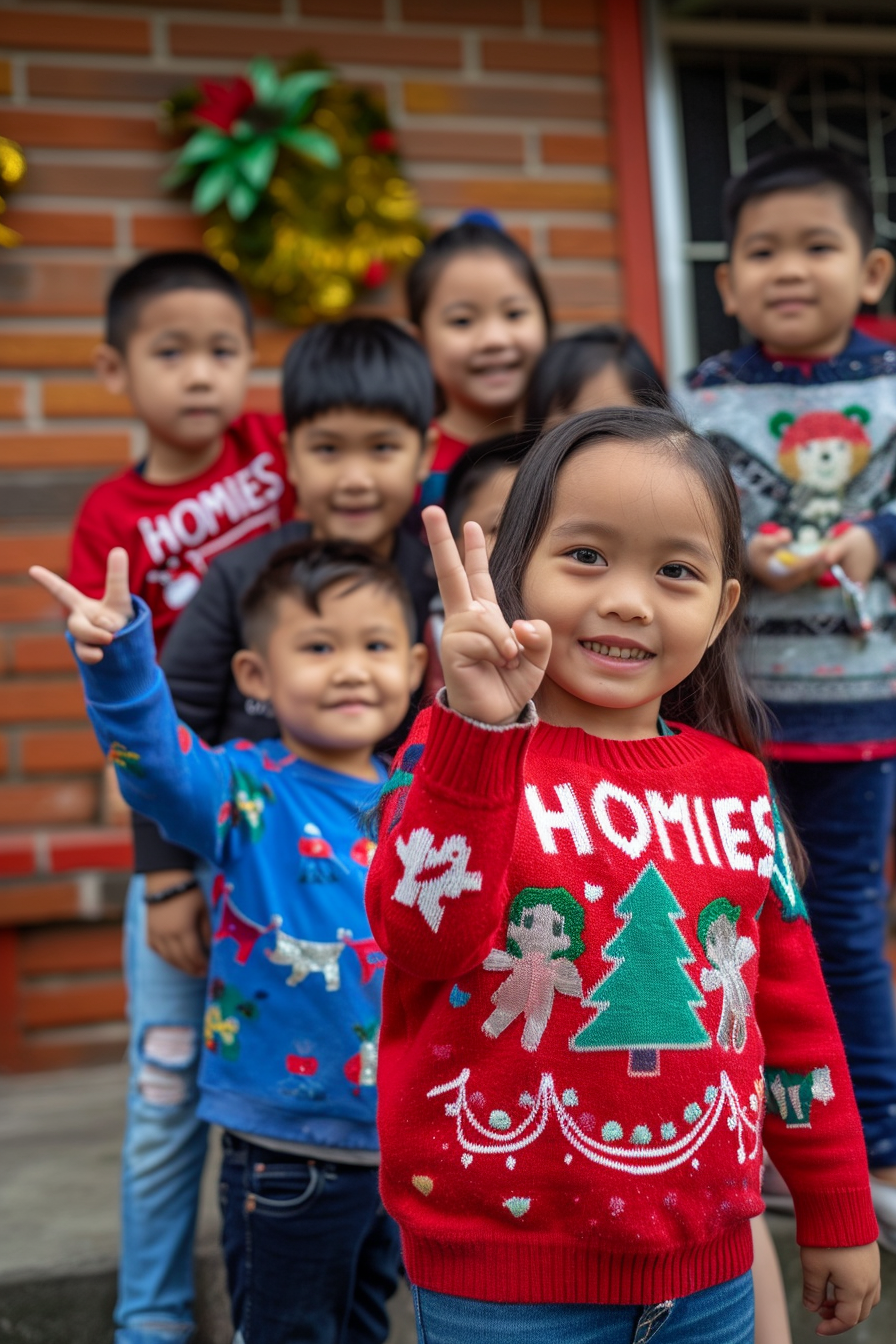 First-grade Filipino friends group photo with peace sign and  HOMIES  sweater