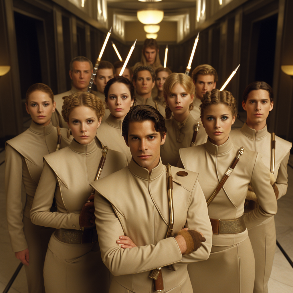 Group of people in beige uniform with magic wands