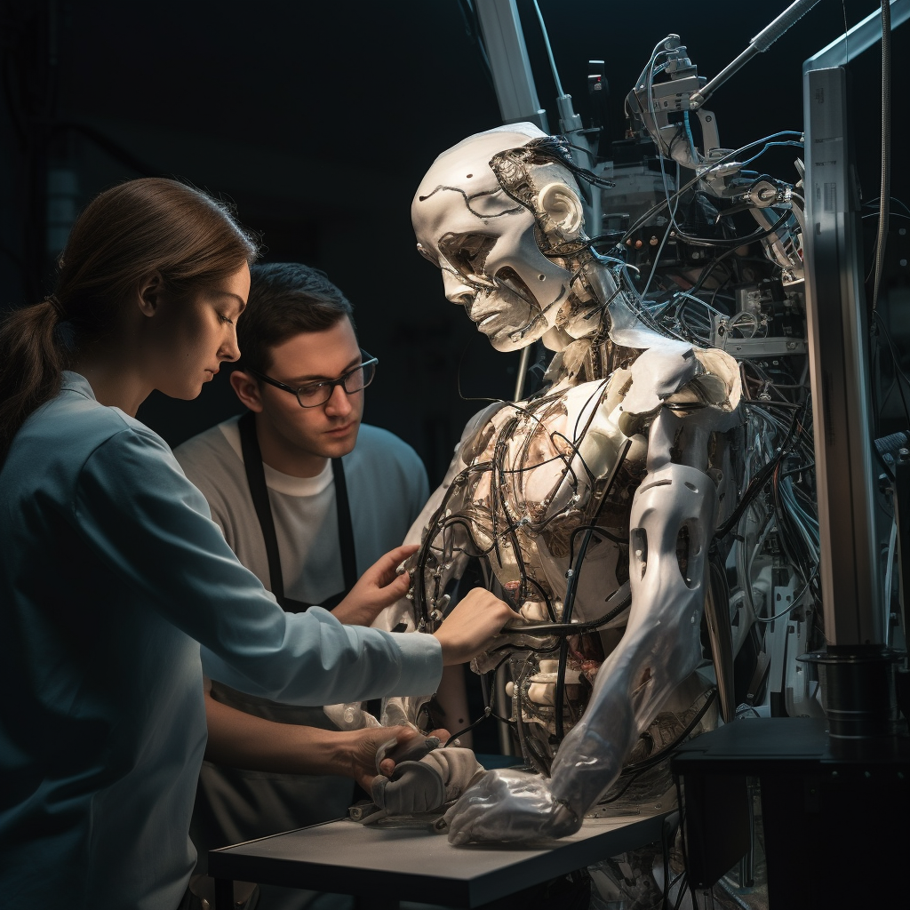 Group of scientists working on beautiful humanoid robot