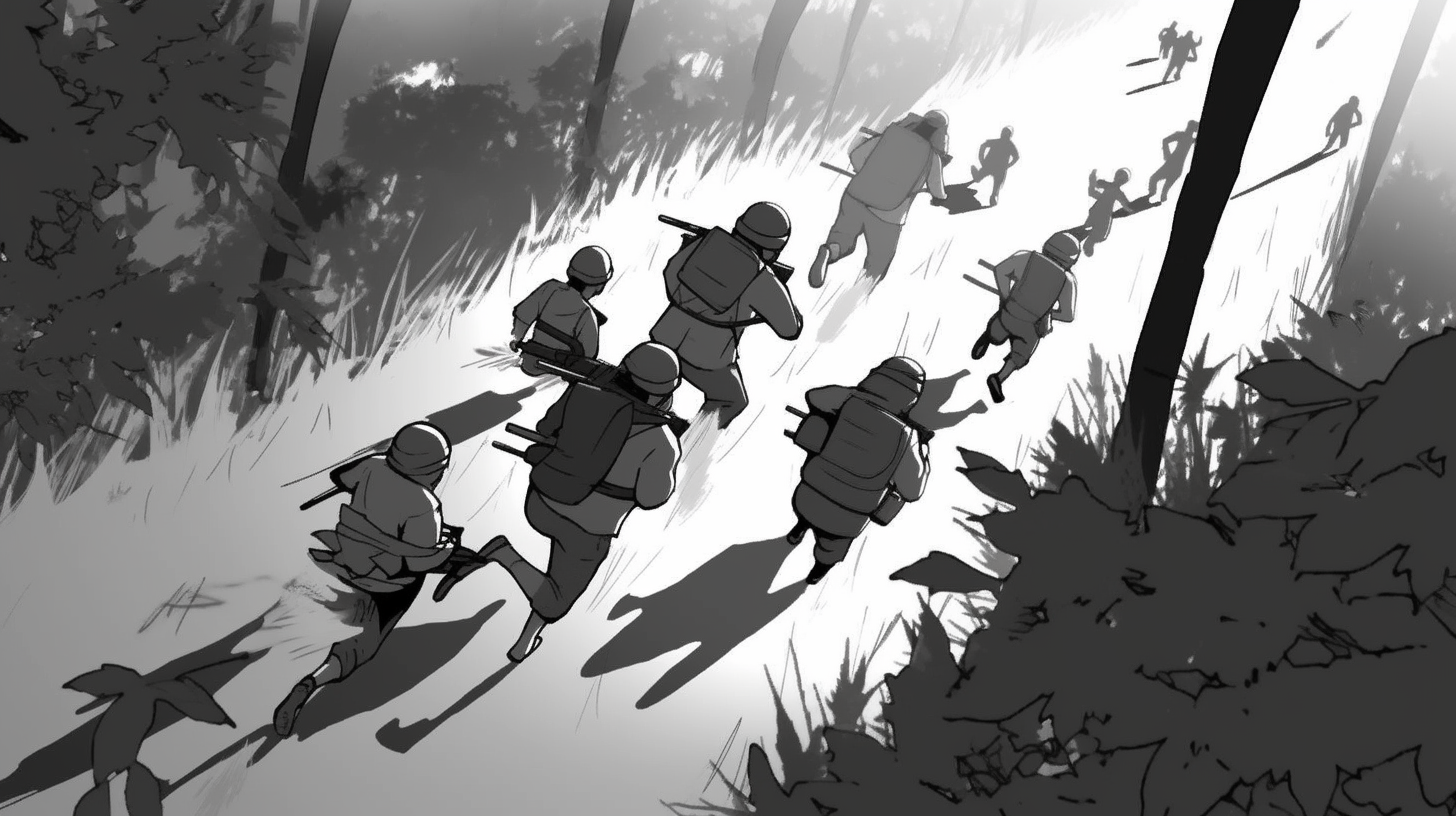 Soldiers running through forest at evening