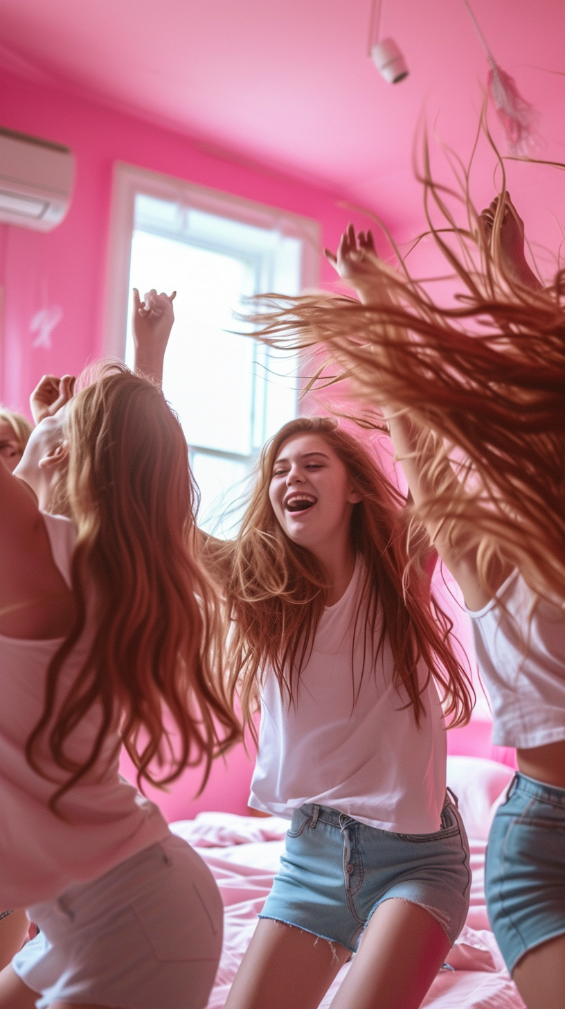 Young women dancing in pink bedroom