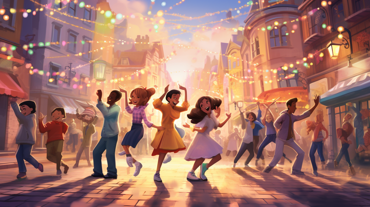 Joyful group dancing in transformed cityscape