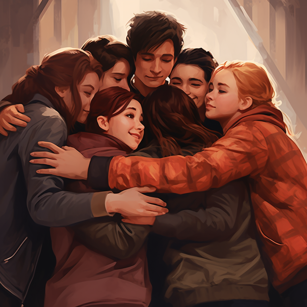 Friends sharing a warm group hug