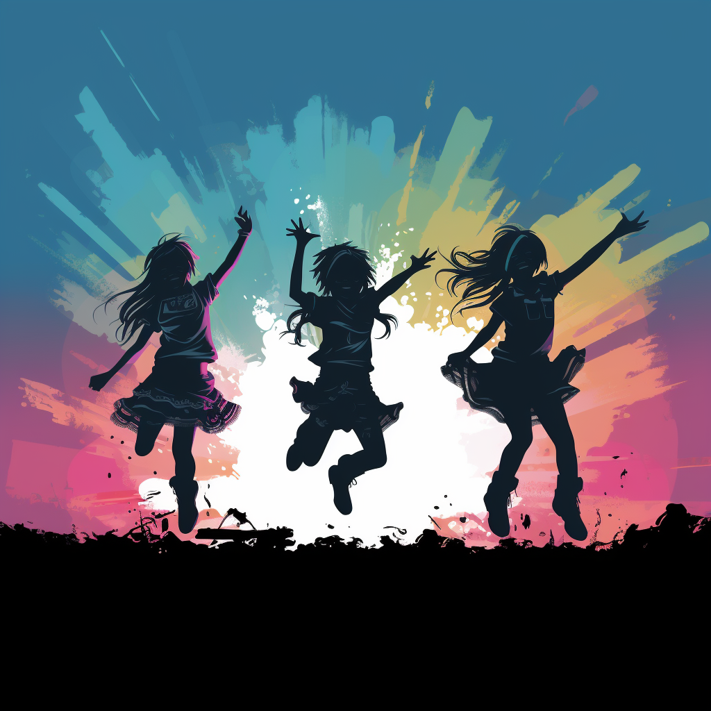 Group jumping in silhouette with geek and psyllium