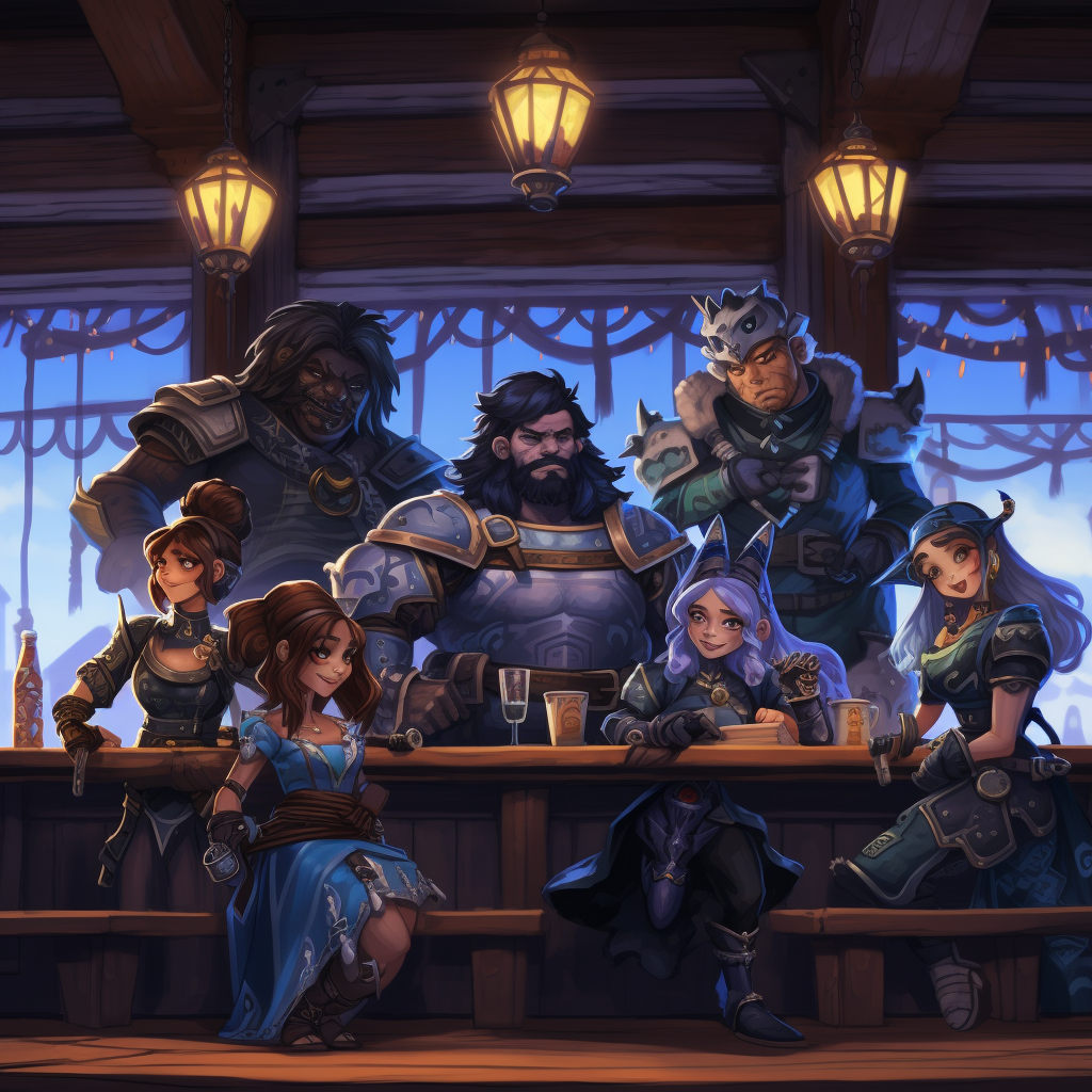 Diverse group of fantasy characters in a tavern