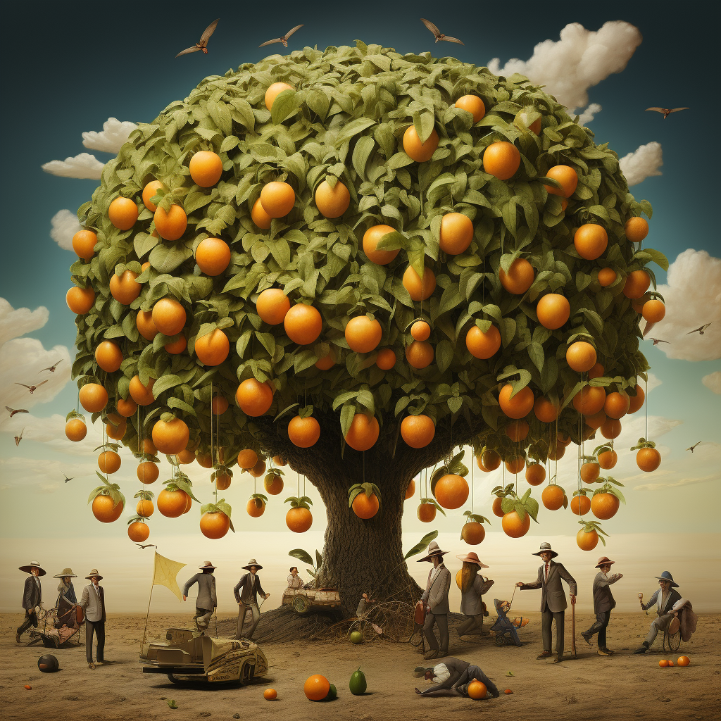 People enjoying delicious fruits under a surreal tree