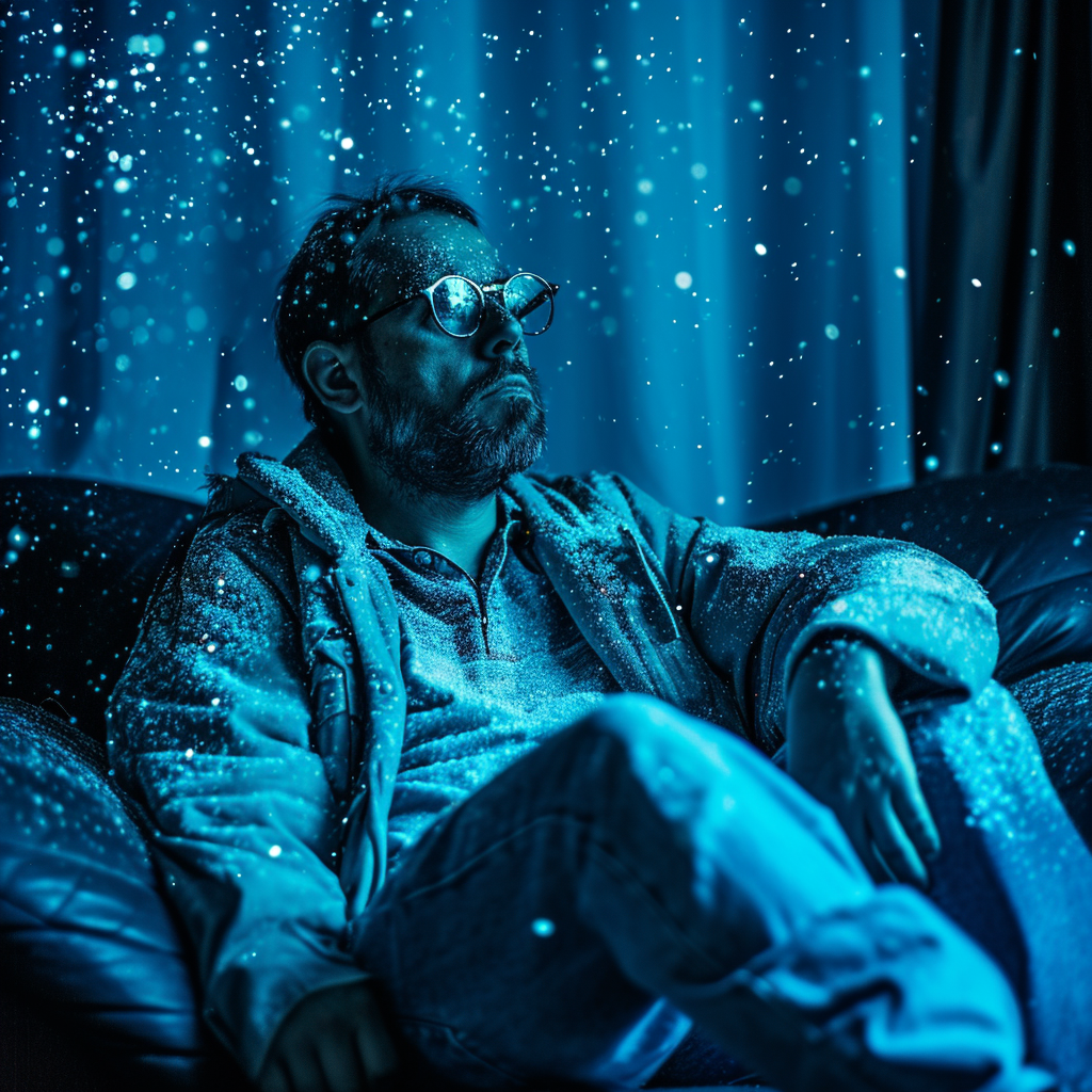 Pensive man on a blue particle-filled couch