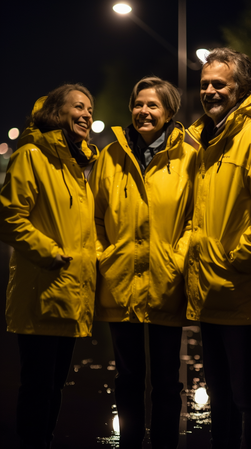 Friends in Yellow Reflection Jackets Smiling