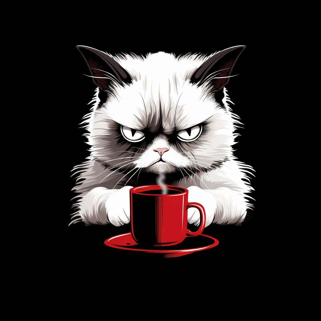 Minimalist grumpy cat drinking coffee tiredly