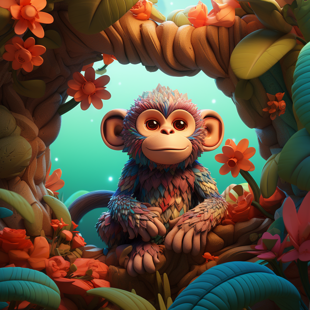 Grumpy monkey in colorful jungle