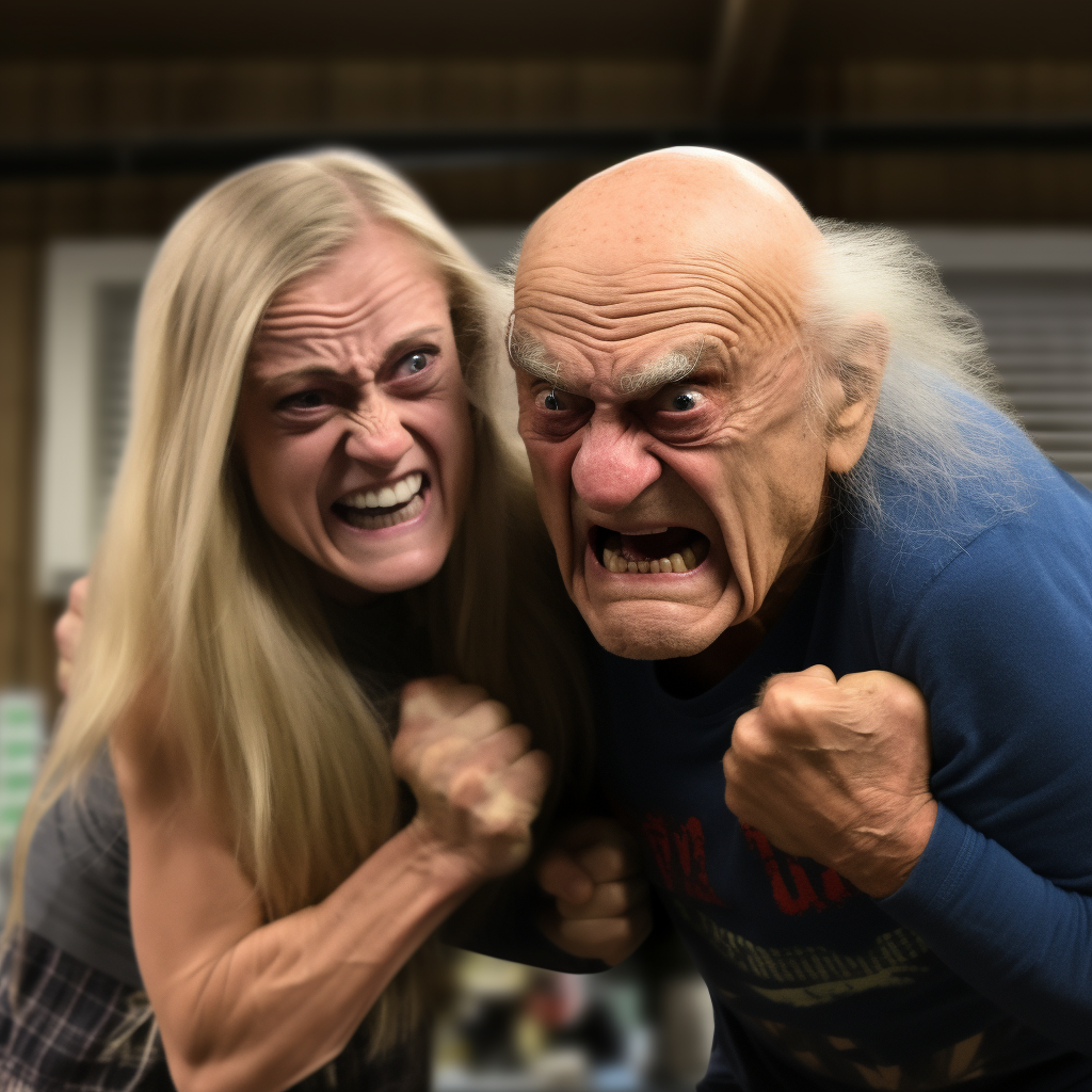 Old man wrestling blonde girl