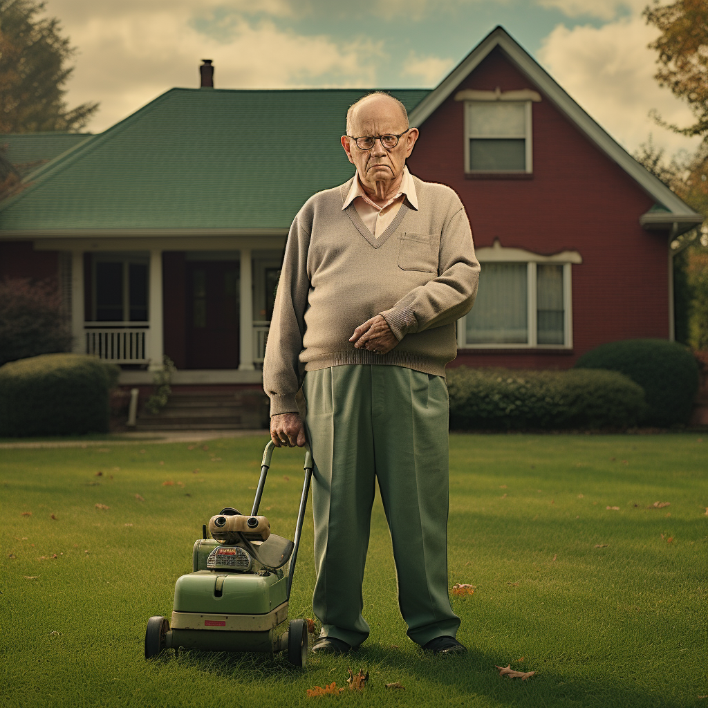 Grumpy old man with lawn mower