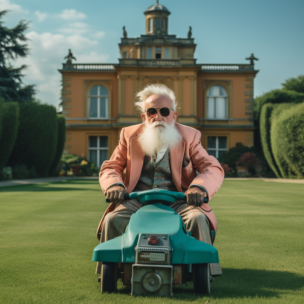 Grumpy old man mowing lawn