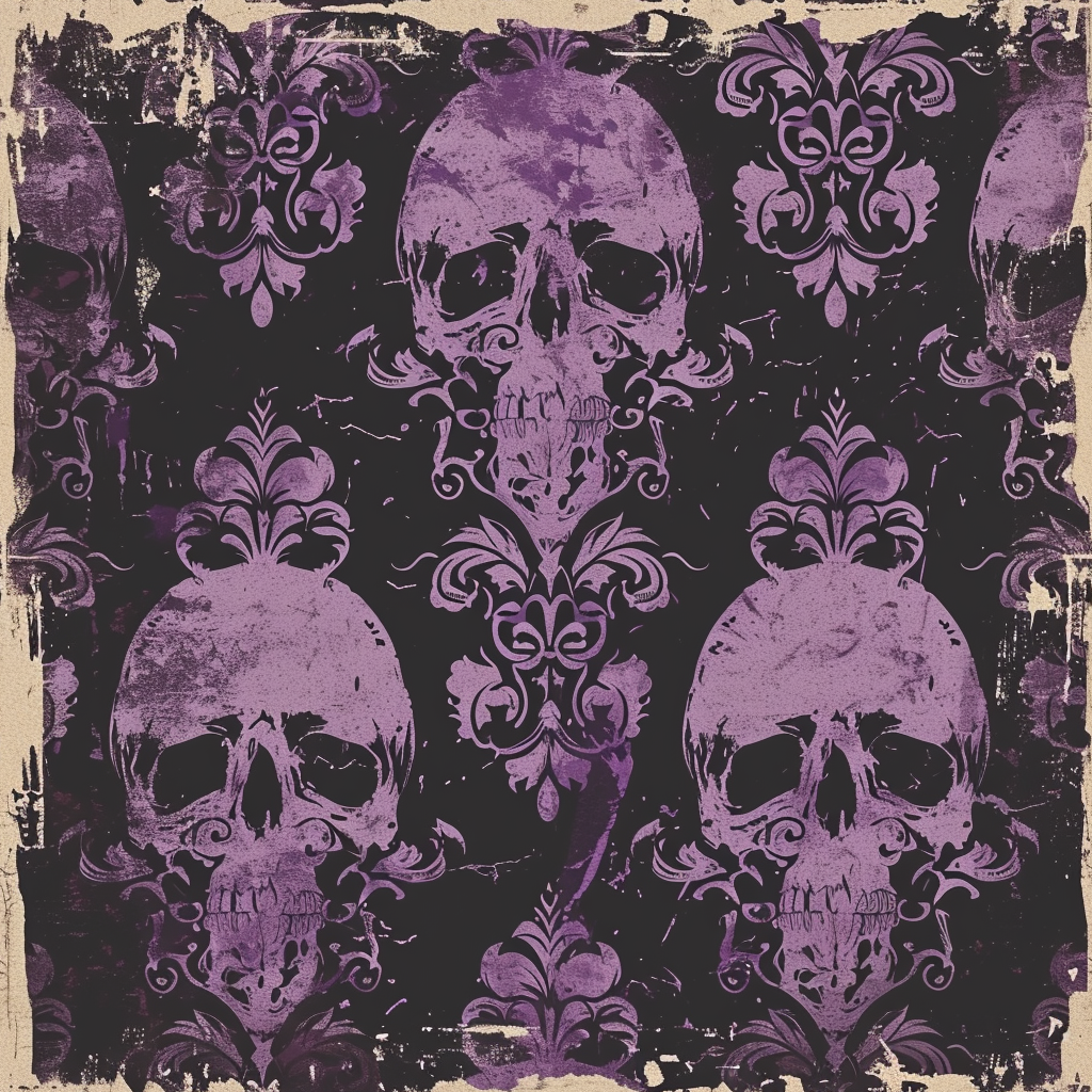 Lavender damask and skull pattern on black background