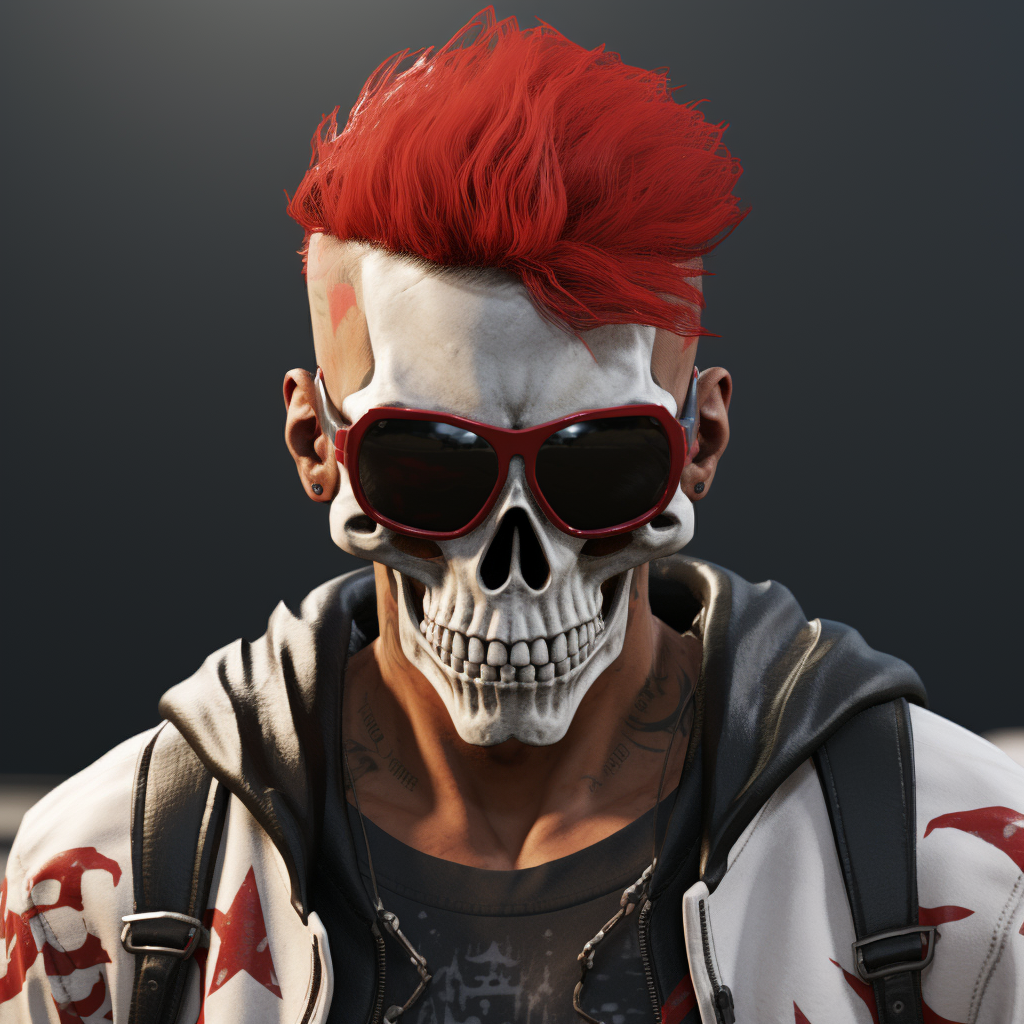 Man with split black and red hair wearing skull half mask