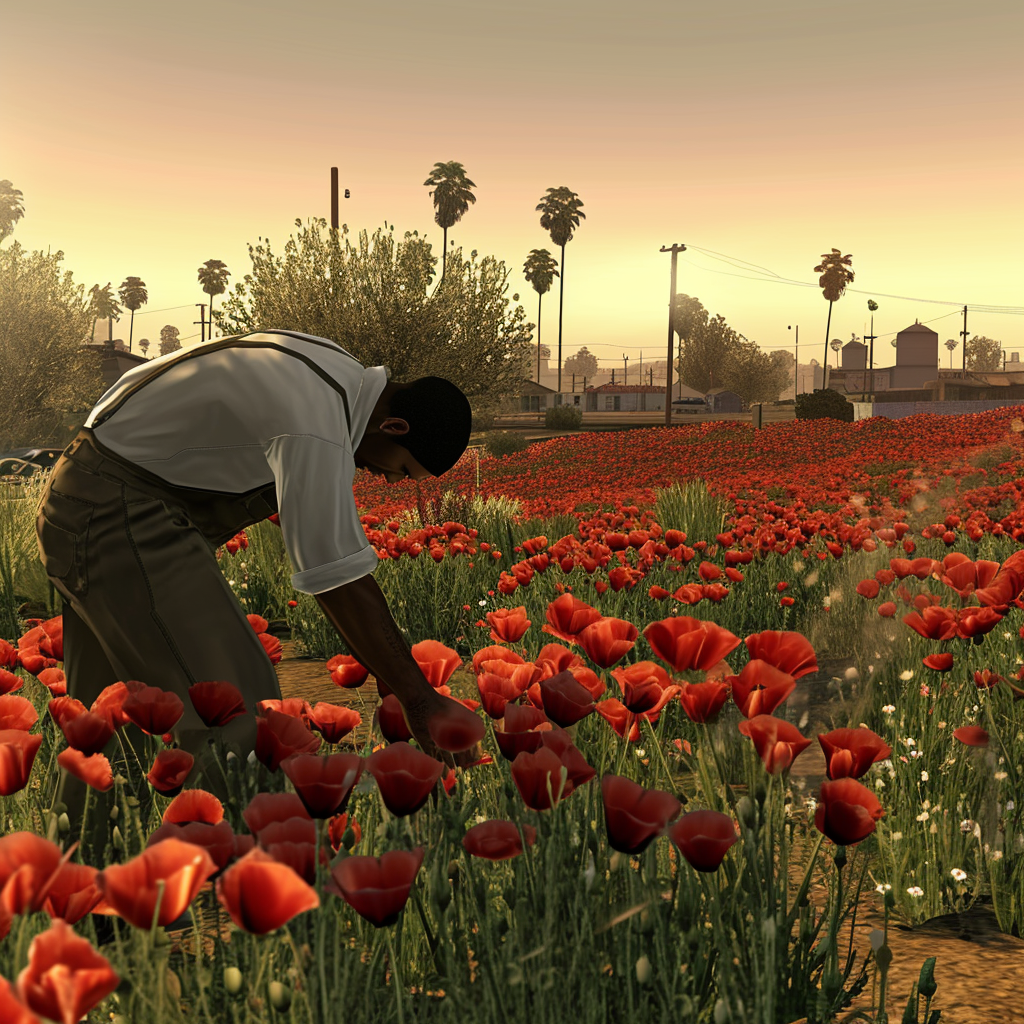 GTASA player character farming poppy flowers