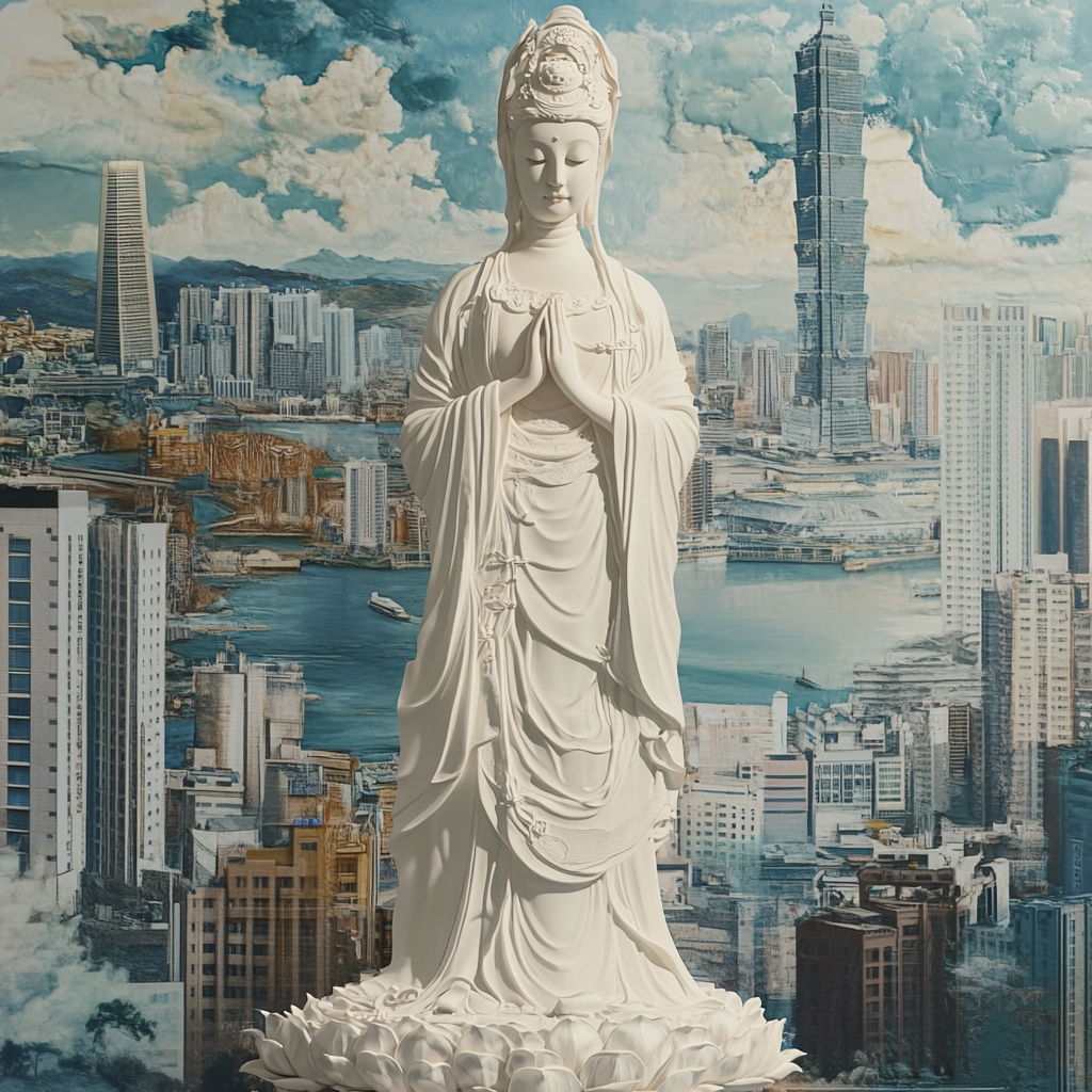 Guanyin compassion bodhisattva modern city portrait