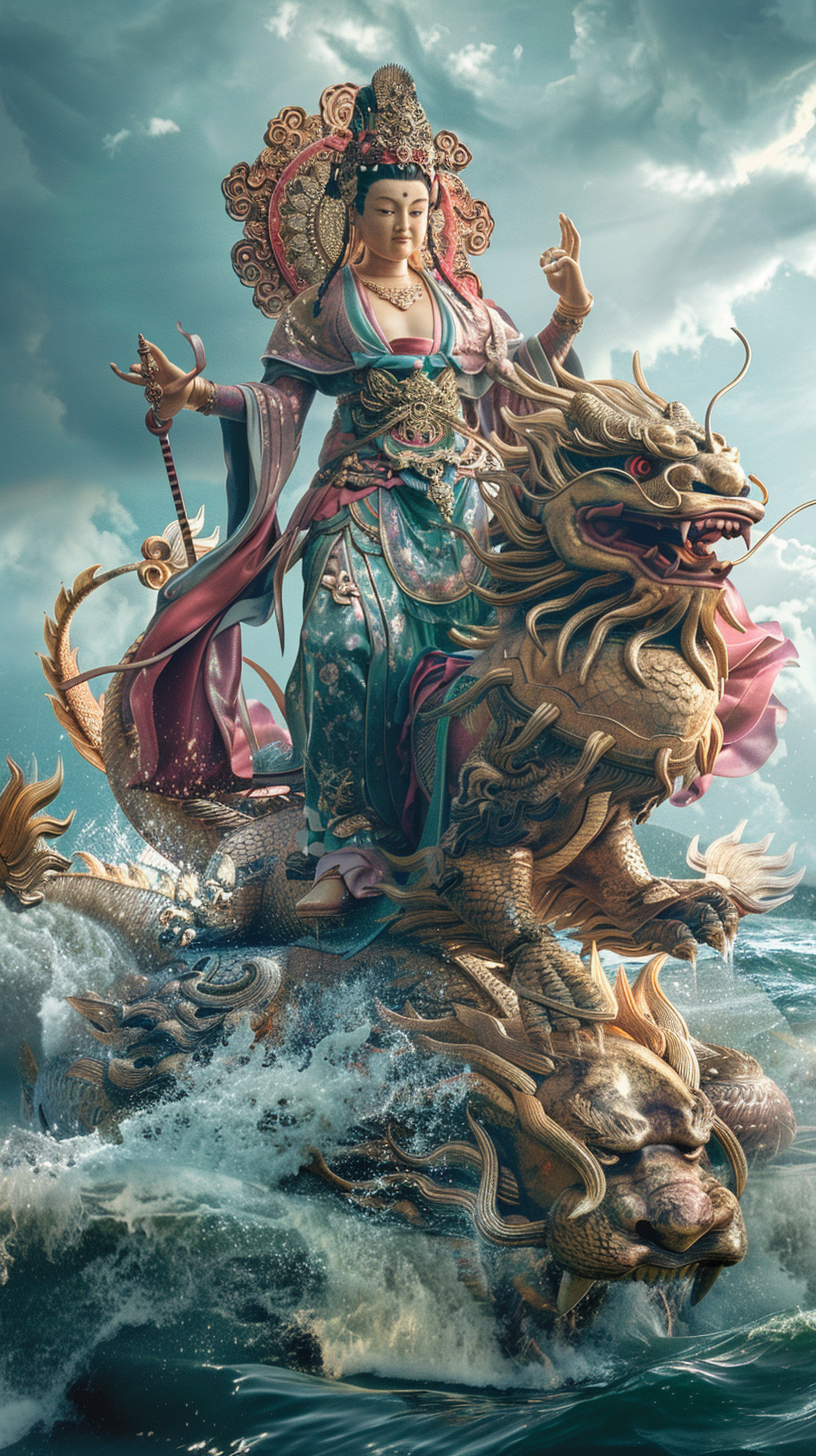 Guanyin riding dragon lion sea