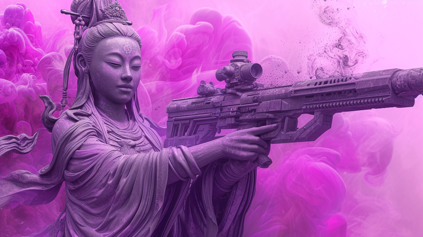 Guanyin holding gatling gun on purple banner