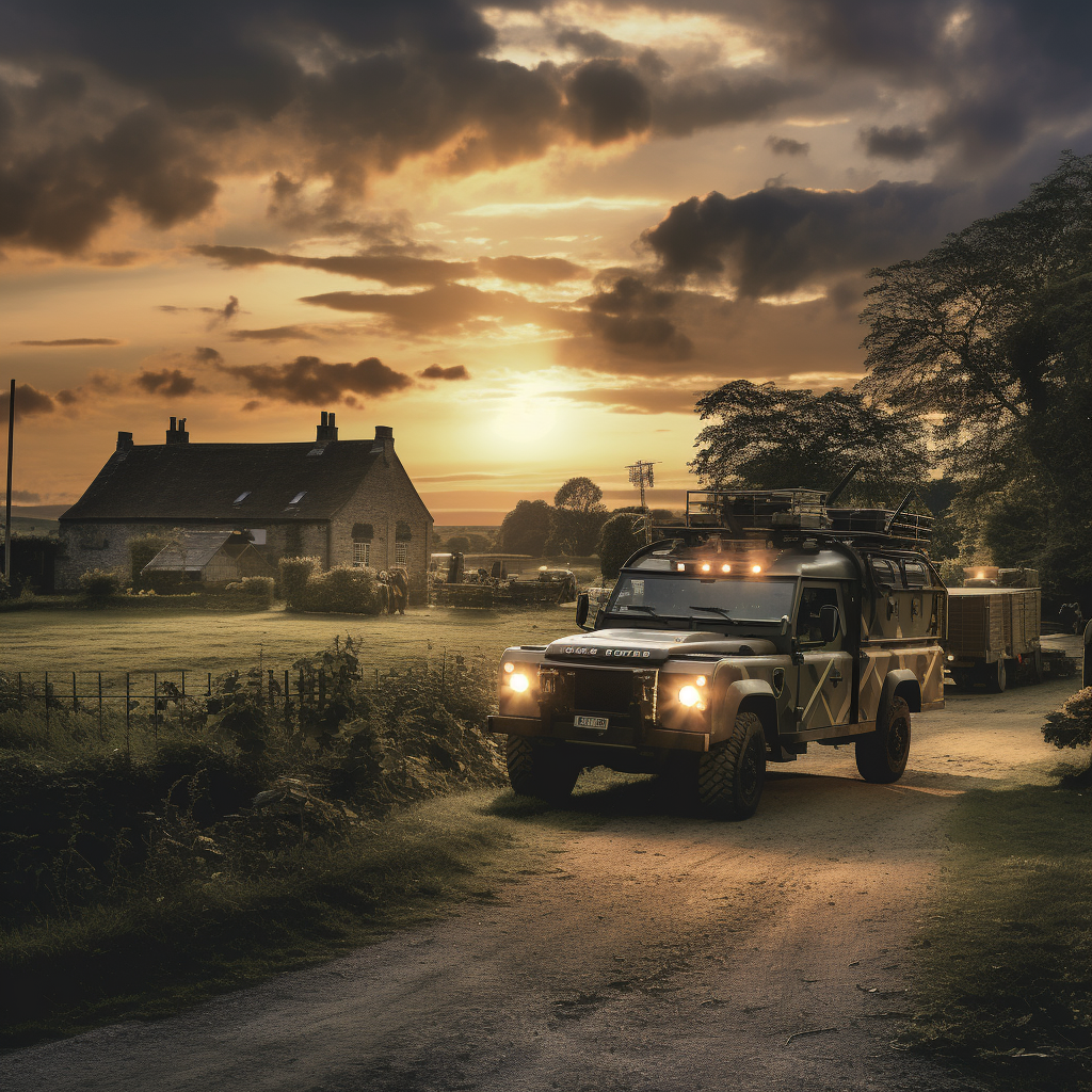 Guarded military compound in English countryside sunset