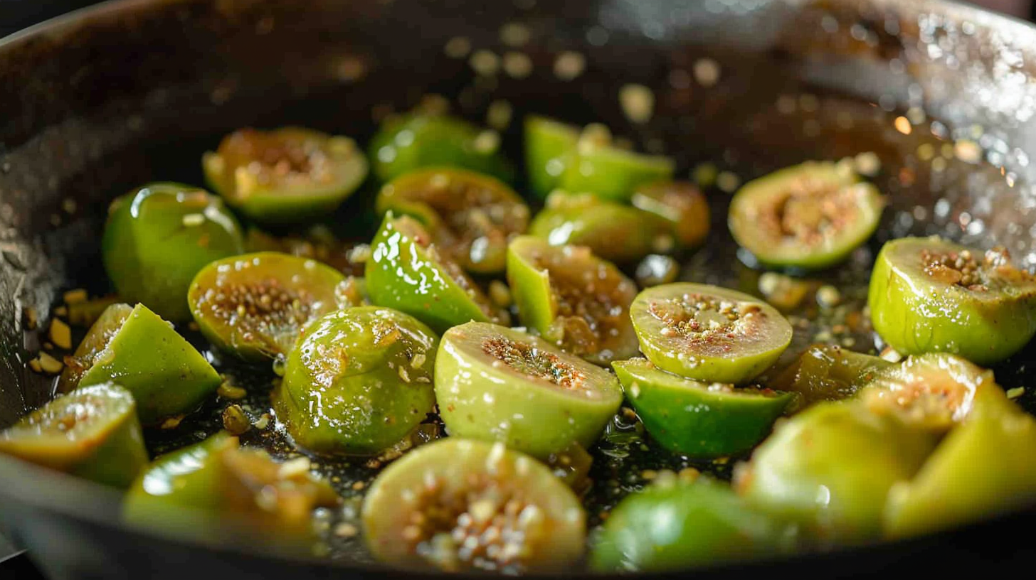 Vibrant fried guava in wok