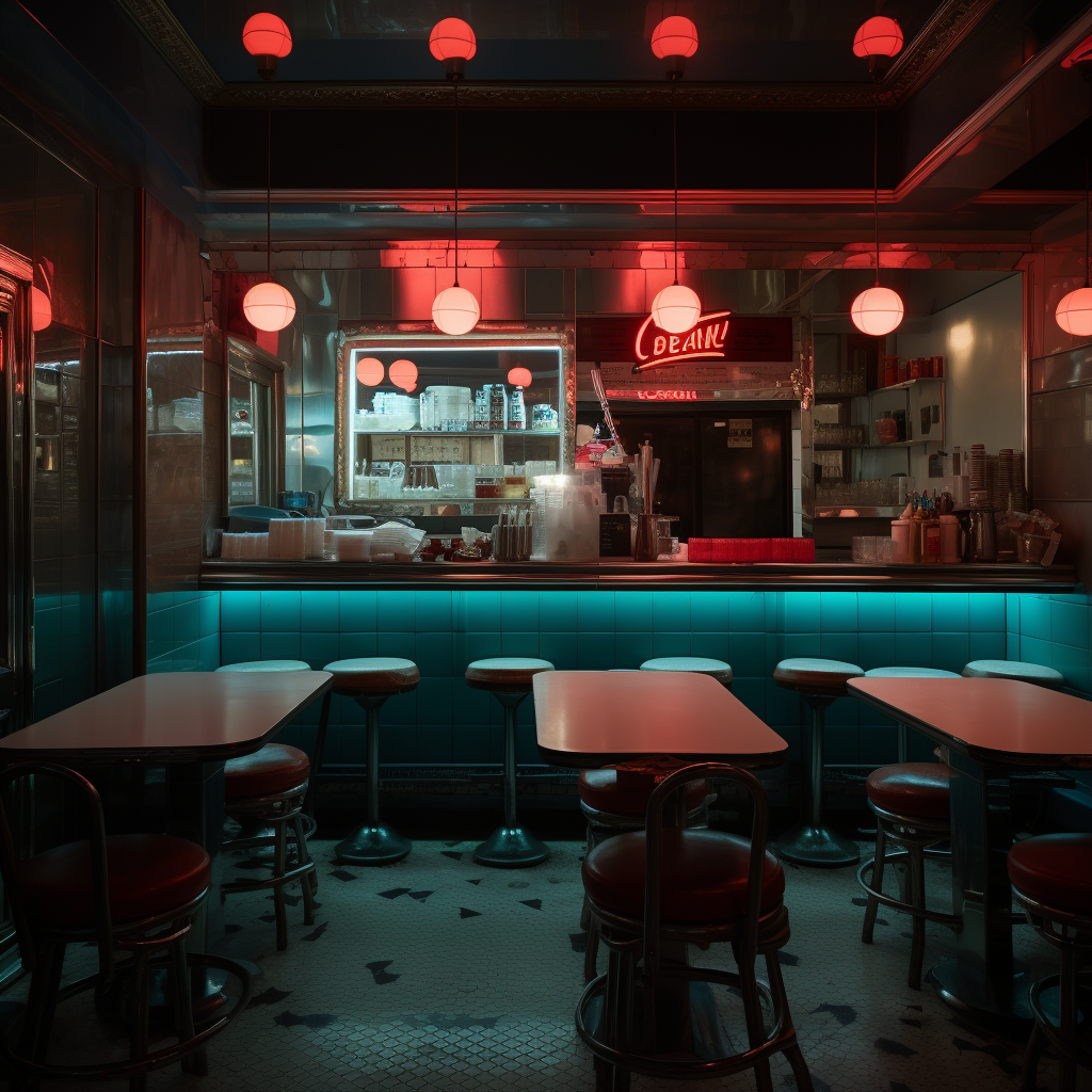 Neon-lit Guerrin Pizzeria captures the Italian theater ambiance.