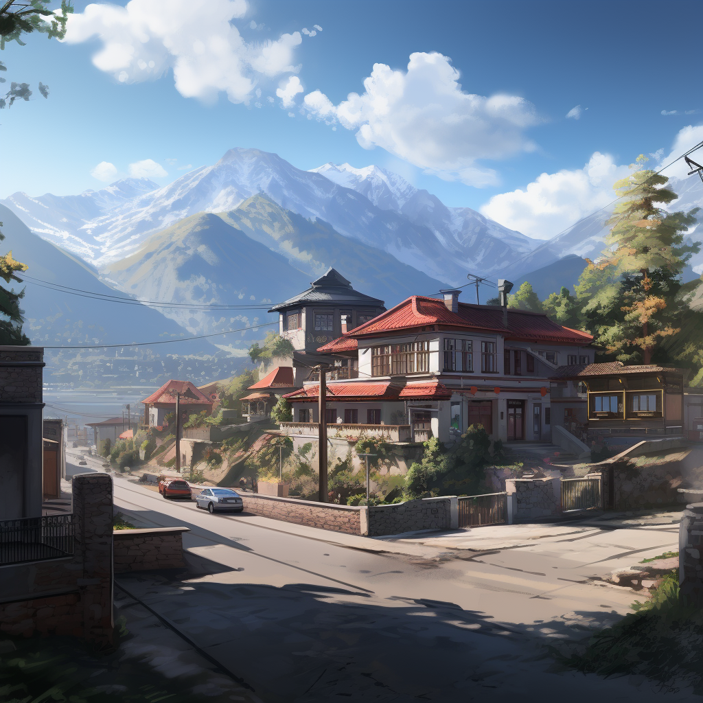 Guesthouse and Bathhouse Building in Mountains with Cityscape