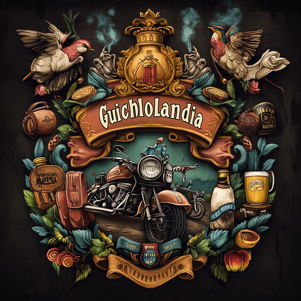 Shield design with cigarros, motorcycles, beers, and gays