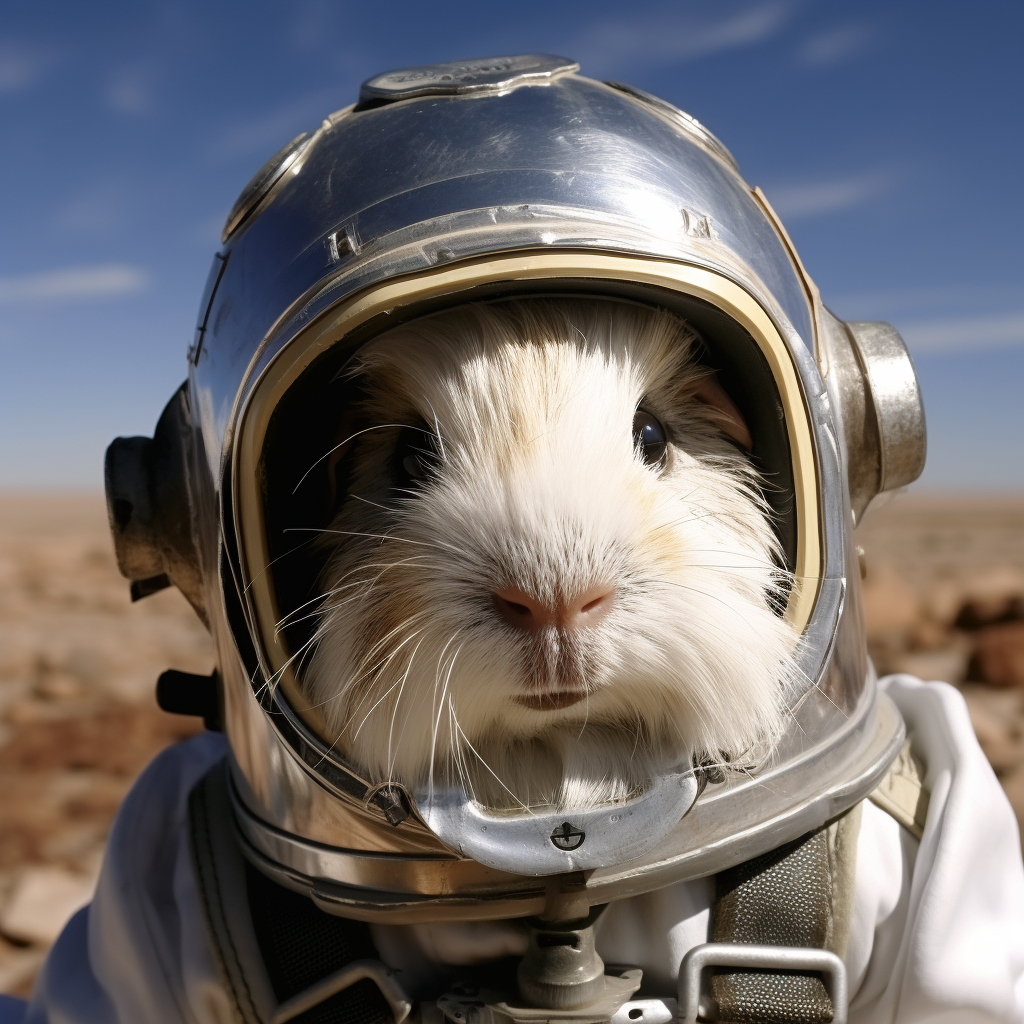 Adorable guinea pig in crash helmet and astronaut suit