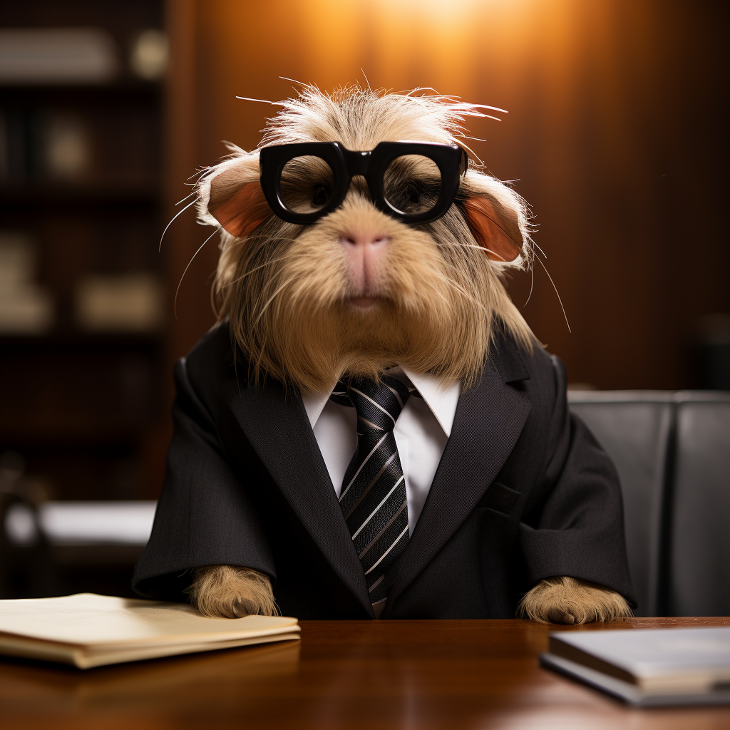 Guinea pig lawyer in court with sunglasses and wig