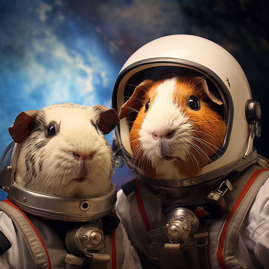 Guinea pig in crash helmet and astronaut suit saluting