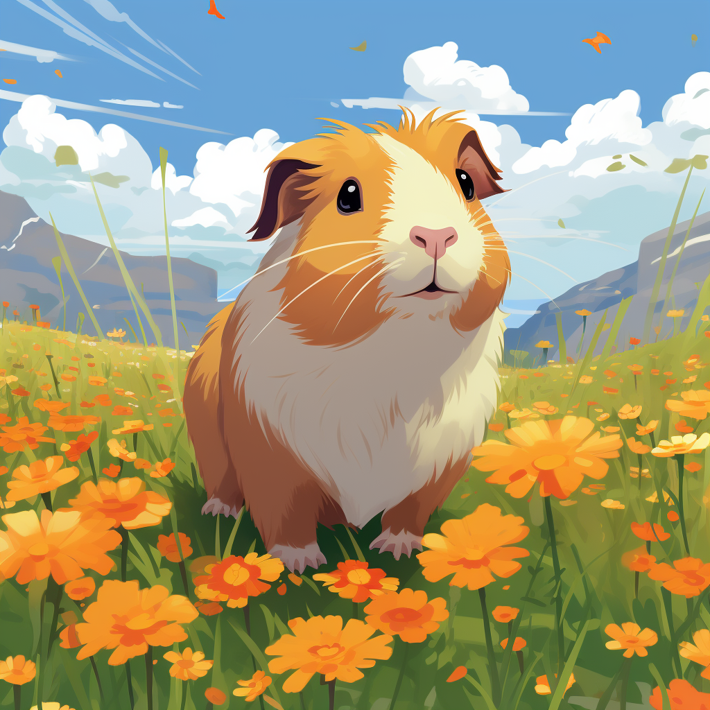 Cartoon Guinea Pig in Summer Flowers