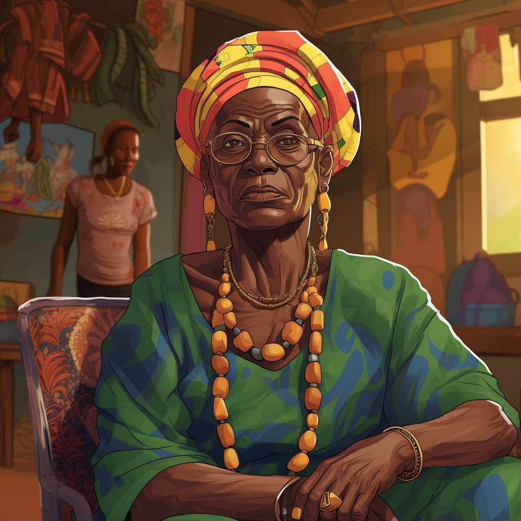 Cartoon of Guinean grandmother at village party