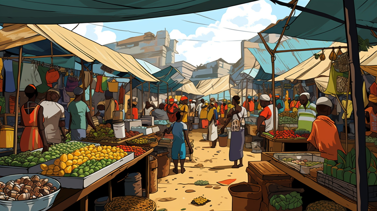 Cartoon-style Guinean market scene