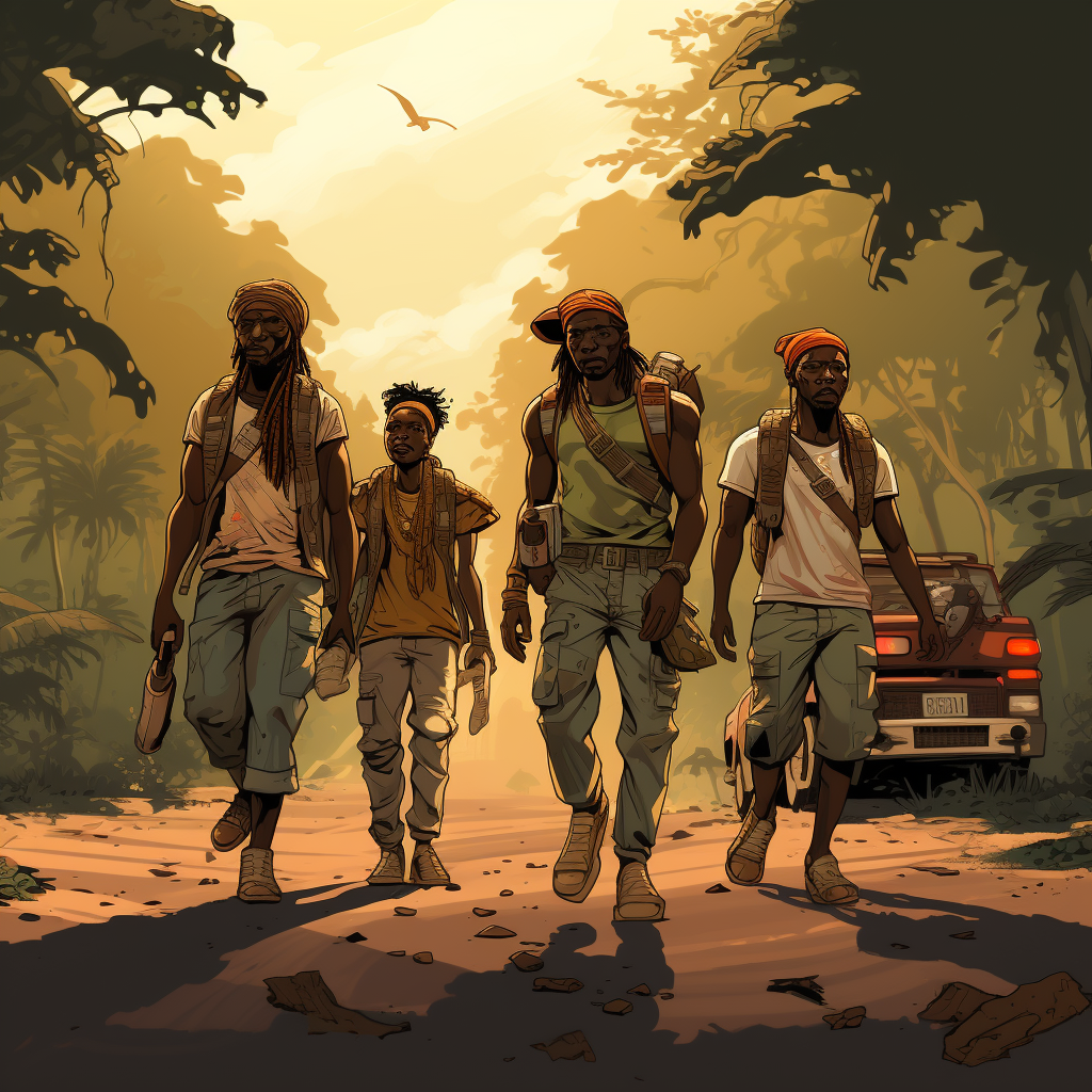 Cartoon of Guinean thugs on a small road