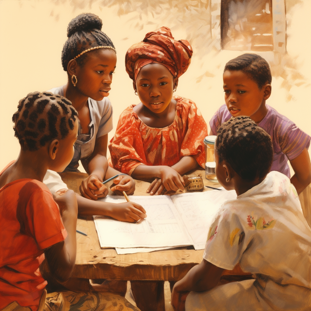 Guinean children discussing topic with teacher