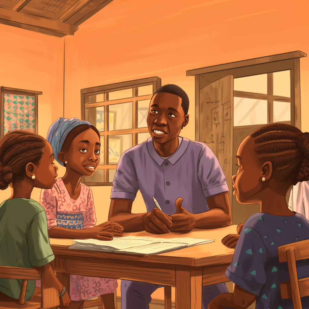 Cartoon of Guinean Children Discussing with Teacher