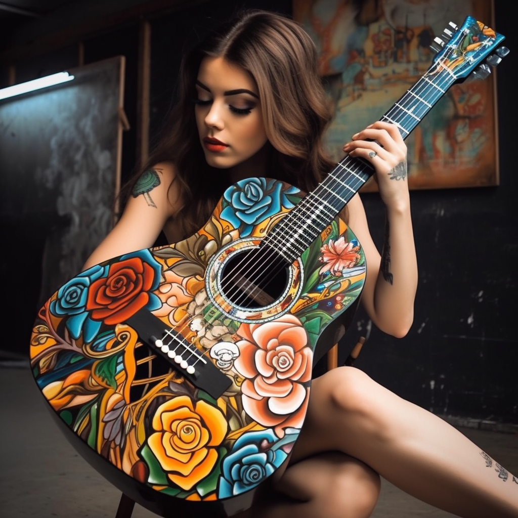 Woman playing a beautiful painted guitar