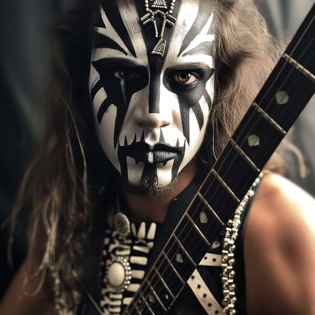 Guitar player in Aztec-inspired Kiss makeup