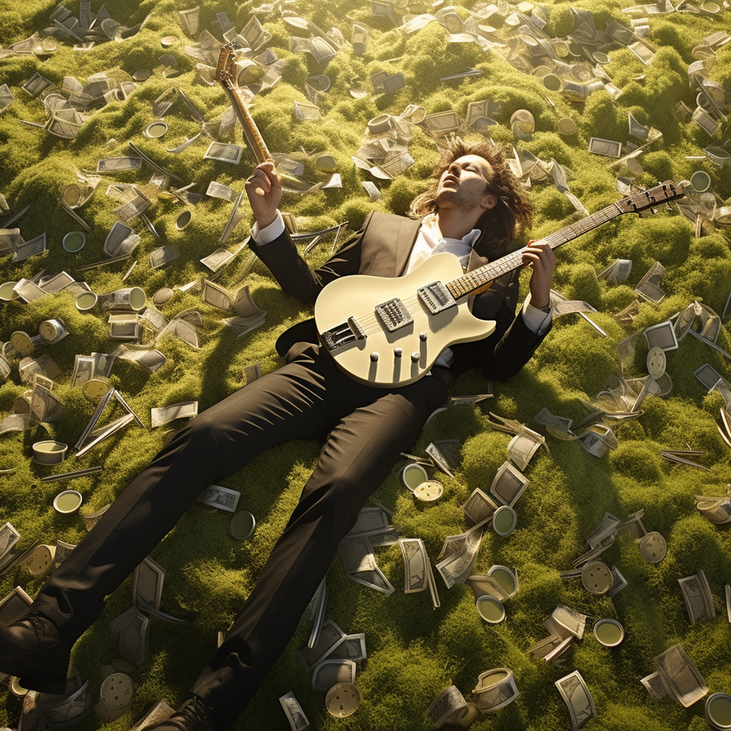 Happy guitarist playing in money field