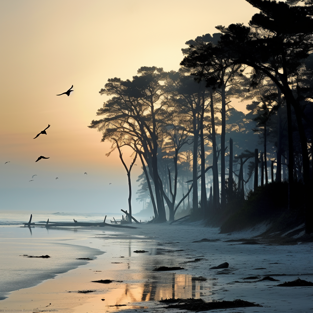 Black and Blue Gulf Beach Oak Trees Seagulls