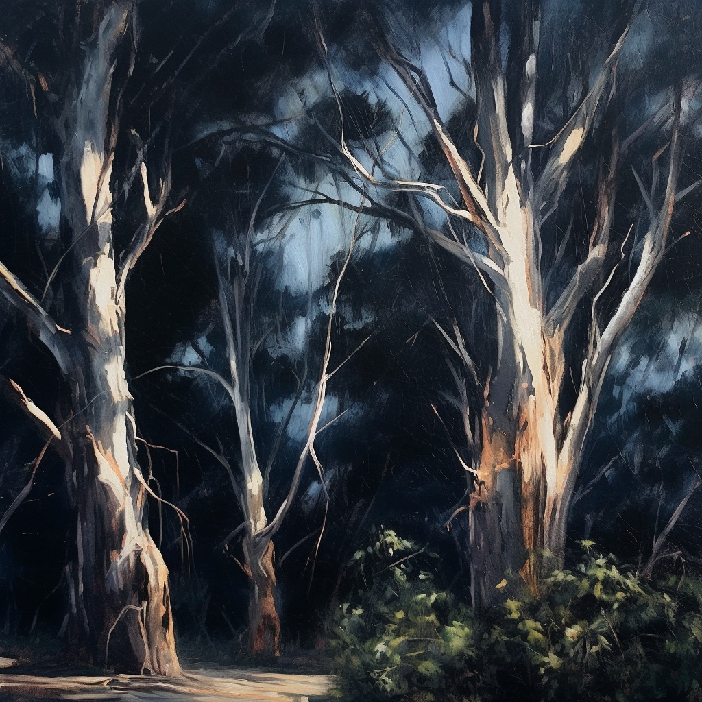 Dark and captivating gum trees at night